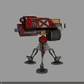 Red Mechanical Turret Weapon With X Shaped Body And Multi Legged Base Gear Mechanism