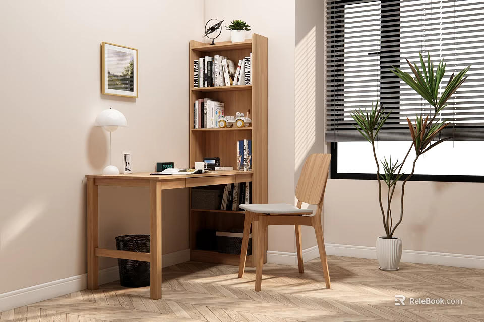 Wooden Bookcase with Books Near Wooden Desk Chair Potted Plant Window Blinds and Framed 3d model 