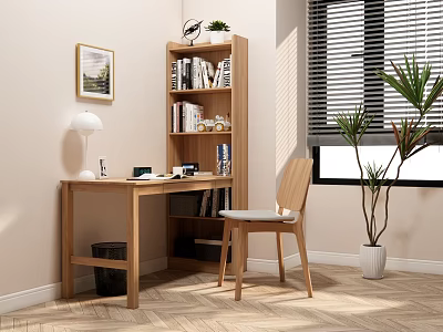 Wooden Bookcase with Books Near Wooden Desk Chair Potted Plant Window Blinds and Framed 3d model