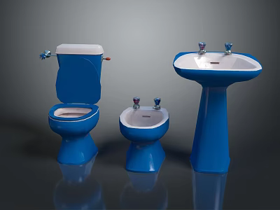 Blue Bathroom Furniture Set Including Toilet Bidet And Pedestal Sink 3d model