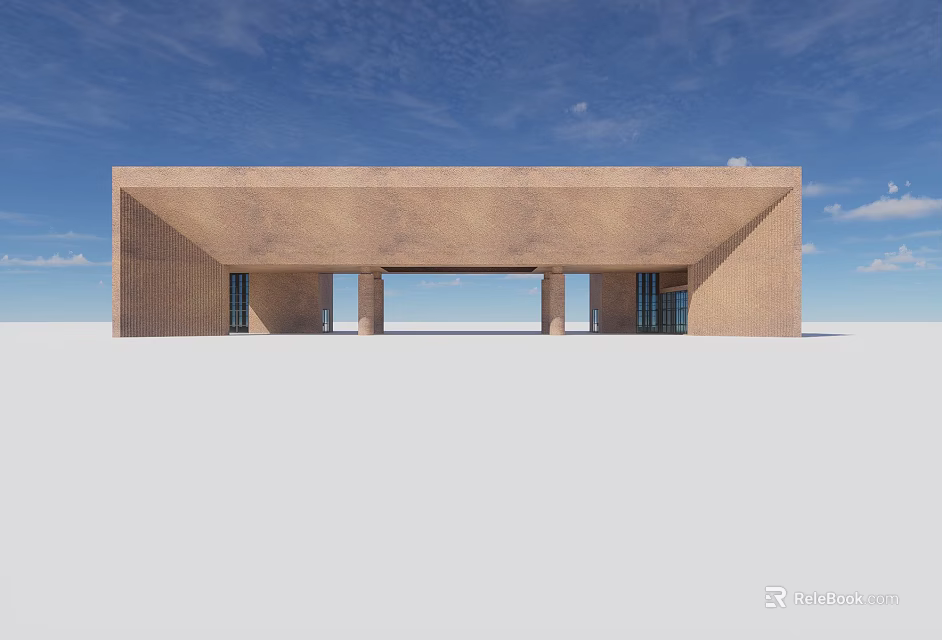 Modern Beige Concrete Entrance Gate With Glass Doorways And Blue Sky Background 3d model 