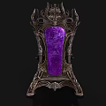 Ornate Throne Chair With Purple Padded Seat Skull Decorations And Metal Carvings