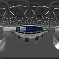 Monitoring Room Modern Interior With Large Data Display Screen Control Console Staff And Green Plants