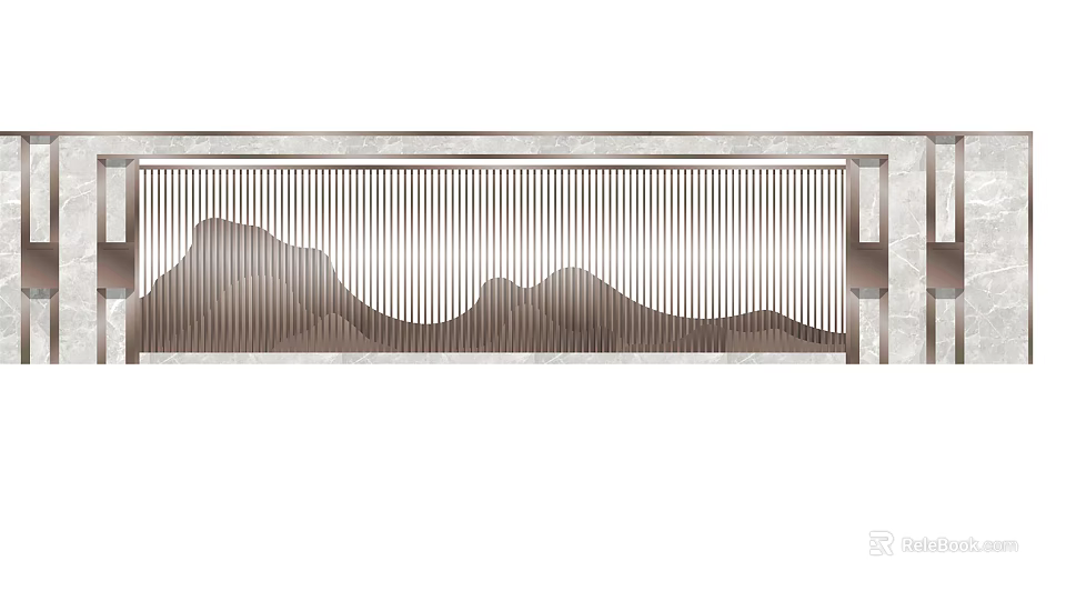 Elegant Landscape Wall Design With Vertical Grilles And Mountain Silhouette Patterns 3d model