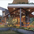 Modern Boutique Villa Architecture With Metal Glass Structure Canopy Roof Outdoor Stairs And Grassland Trees
