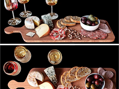 Delicious Charcuterie Board With Assorted Cheeses Olives Nuts Bread Slices And Wine Glasses 3d model