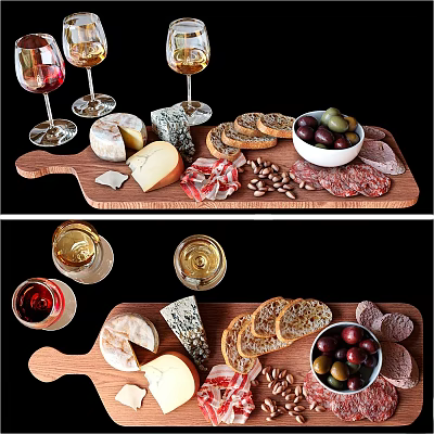 Delicious Charcuterie Board With Assorted Cheeses Olives Nuts Bread Slices And Wine Glasses 3d model