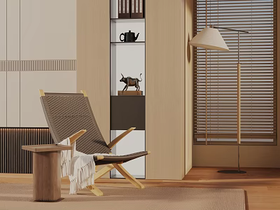 Comfortable Lounge Chair With Wooden Frame And Woven Seat Near Side Table And Floor Lamp 3d model