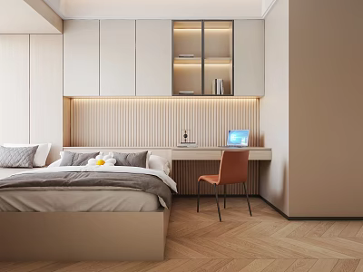 Tatami Bedroom Minimalist Design With Tatami Bed Storage Cabinets Desk And Chair On Wooden Flooring 3d model