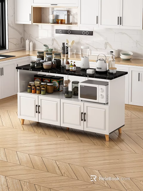 Kitchen Storage Cabinet With White Doors Black Countertop And Organized Kitchen Items 3d model 