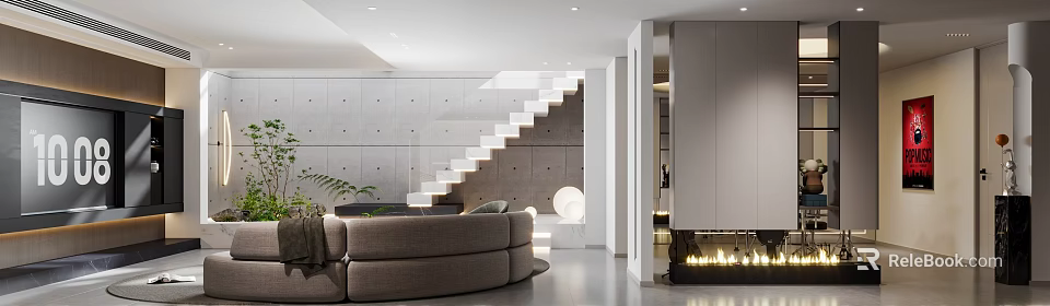 Modern Basement Interior With Staircase Sofa Fireplace And Concrete Walls 3d model 