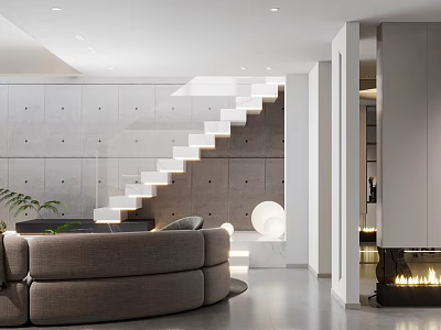Modern Basement Interior With Staircase Sofa Fireplace And Concrete Walls 3d model