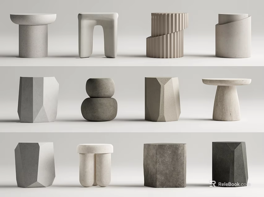 Modern Minimalist Stools Featuring Various Geometric Shapes And Concrete Designs 3d model