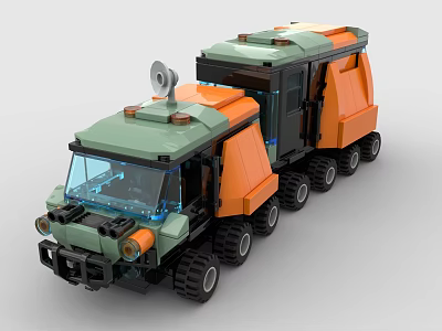 Orange And Green Building Blocks Rover With Satellite Dish And Wheels 3d model