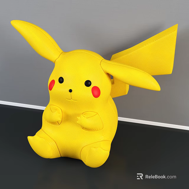 Yellow Plush Toy with Large Ears Red Cheeks and Black Eyes Sitting on Black Surface 3d model 