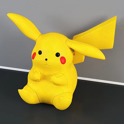 Yellow Plush Toy with Large Ears Red Cheeks and Black Eyes Sitting on Black Surface 3d model
