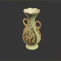 Artistic Light Blue Sculpture Carving Vase With Red Handles And Painted Design