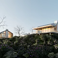 Modern Detached Villa On Hillside Featuring Large Windows Terrace Rocks And Purple Flowers