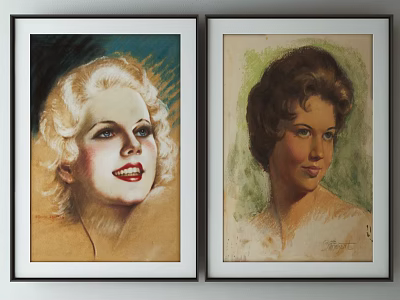 Two Framed Portrait Paintings of Blonde and Brunette Women with Curly Hair 3d model