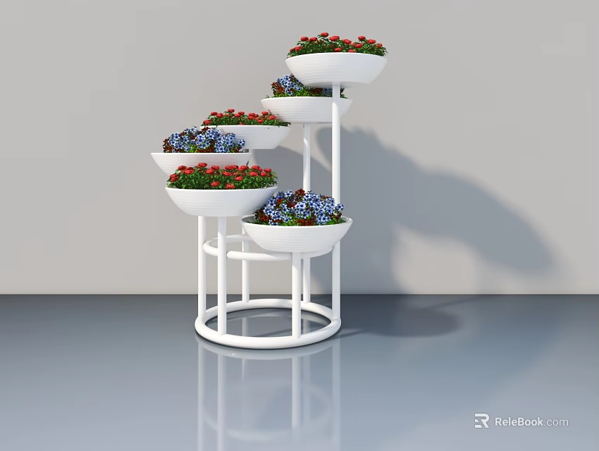Elegant Swing Door Design with White Multi tier Flower Stand and Colorful Flowers 3d model 