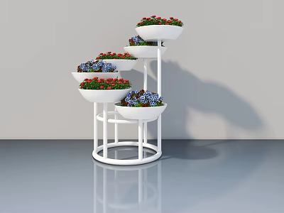 Elegant Swing Door Design with White Multi tier Flower Stand and Colorful Flowers 3d model