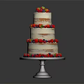 Three Tier Naked Cake Topped With Fresh Berries And Fruits On Silver Stand