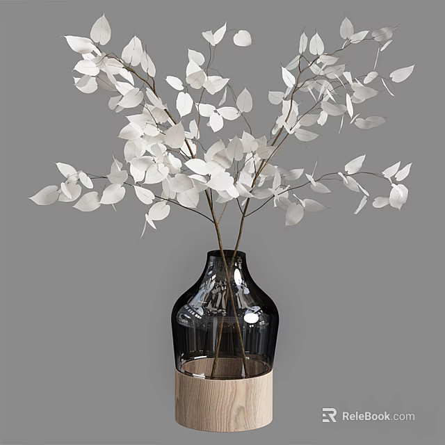 Elegant Black Glass Vase With Wooden Base Holding White Leafy Flowers 3d model 