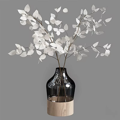 Elegant Black Glass Vase With Wooden Base Holding White Leafy Flowers 3d model