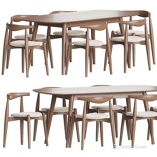 Modern Wooden Dining Table Set With 6 Ergonomic Backrest Chairs And Upholstered Seats 3d model 