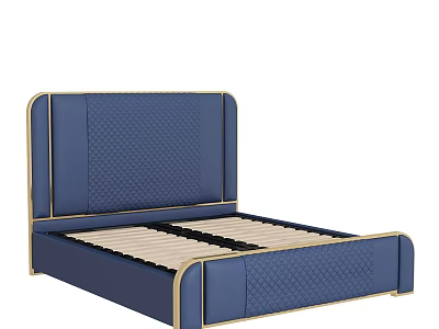 Elegant Modern Double Bed With Blue Quilted Upholstery And Golden Trim 3d model