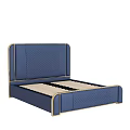 Elegant Modern Double Bed With Blue Quilted Upholstery And Golden Trim