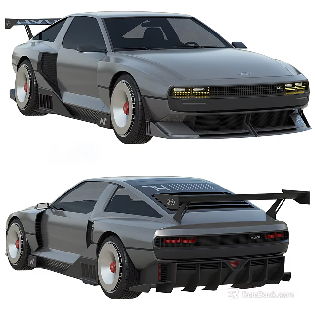 Sleek Gray Sports Car With Aerodynamic Body Rear Spoiler And Red Wheels 3d model 