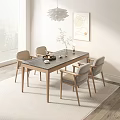 Modern Minimalist Wooden Dining Table Set with Light Gray Upholstered Chairs and Vase with Plants