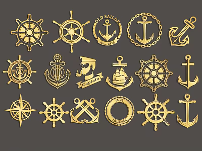 Golden Nautical Wall Decor With Ship Wheels Anchors Compass And Ship Motifs 3d model