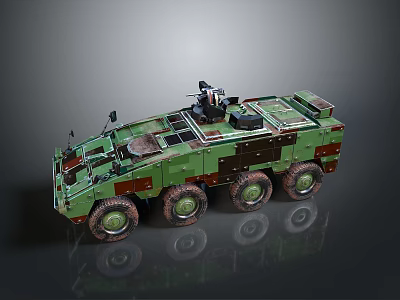 Military Camouflage Armored Tank With Six Wheels And Roof Mounted Weapon 3d model