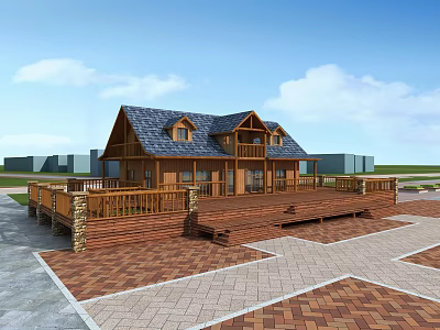 Wooden House Exterior Design With Deck Brick Paved Patio And Dark Roof 3d model