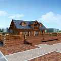 Wooden House Exterior Design With Deck Brick Paved Patio And Dark Roof