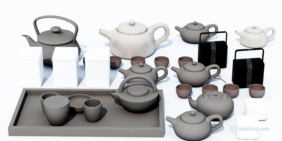 Stylish Gray And White Tea Set With Multiple Teapots Teacups And Trays 3d model