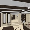 Spacious Hotel Public Lounge With Wooden Ceiling Built in Shelves and Comfortable Sofas