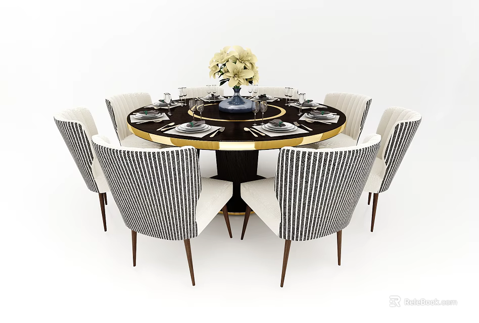 Elegant Round Dining Table Set With Striped Chairs Flower Arrangement And Tableware 3d model