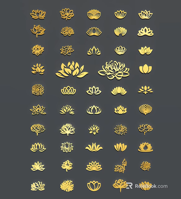 Golden Lotus Decorative Elements With Various Floral Designs And Patterns 3d model