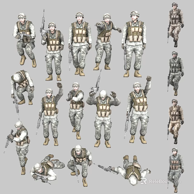 Military Game Movie Characters in Camouflage Uniforms with Weapons and Poses 3d model 