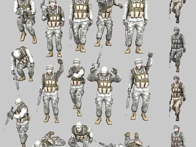 Military Game Movie Characters in Camouflage Uniforms with Weapons and Poses 3d model