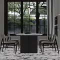 Modern Dining Table And Chairs Set With Hanging Pendant Light Large Windows Trees Outside Interior 3d model