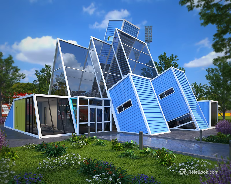 Modern Geometric Guesthouse Building With Blue Walls Glass Windows And Garden Greenery 3d model 