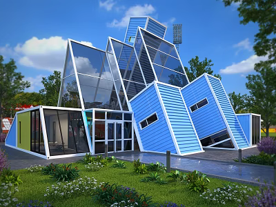 Modern Geometric Guesthouse Building With Blue Walls Glass Windows And Garden Greenery 3d model
