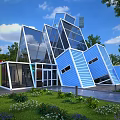 Modern Geometric Guesthouse Building With Blue Walls Glass Windows And Garden Greenery