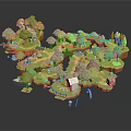 Enchanting Cartoon Scene with Green Trees Winding Paths Red Mushrooms Small House Boat Archway