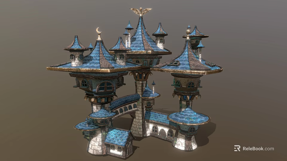 Ornate Fairy Tale Architecture With Blue Roofs Spires Intricate Details And Connected Towers 3d model 