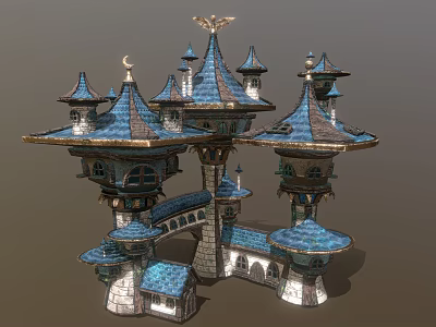 Ornate Fairy Tale Architecture With Blue Roofs Spires Intricate Details And Connected Towers 3d model